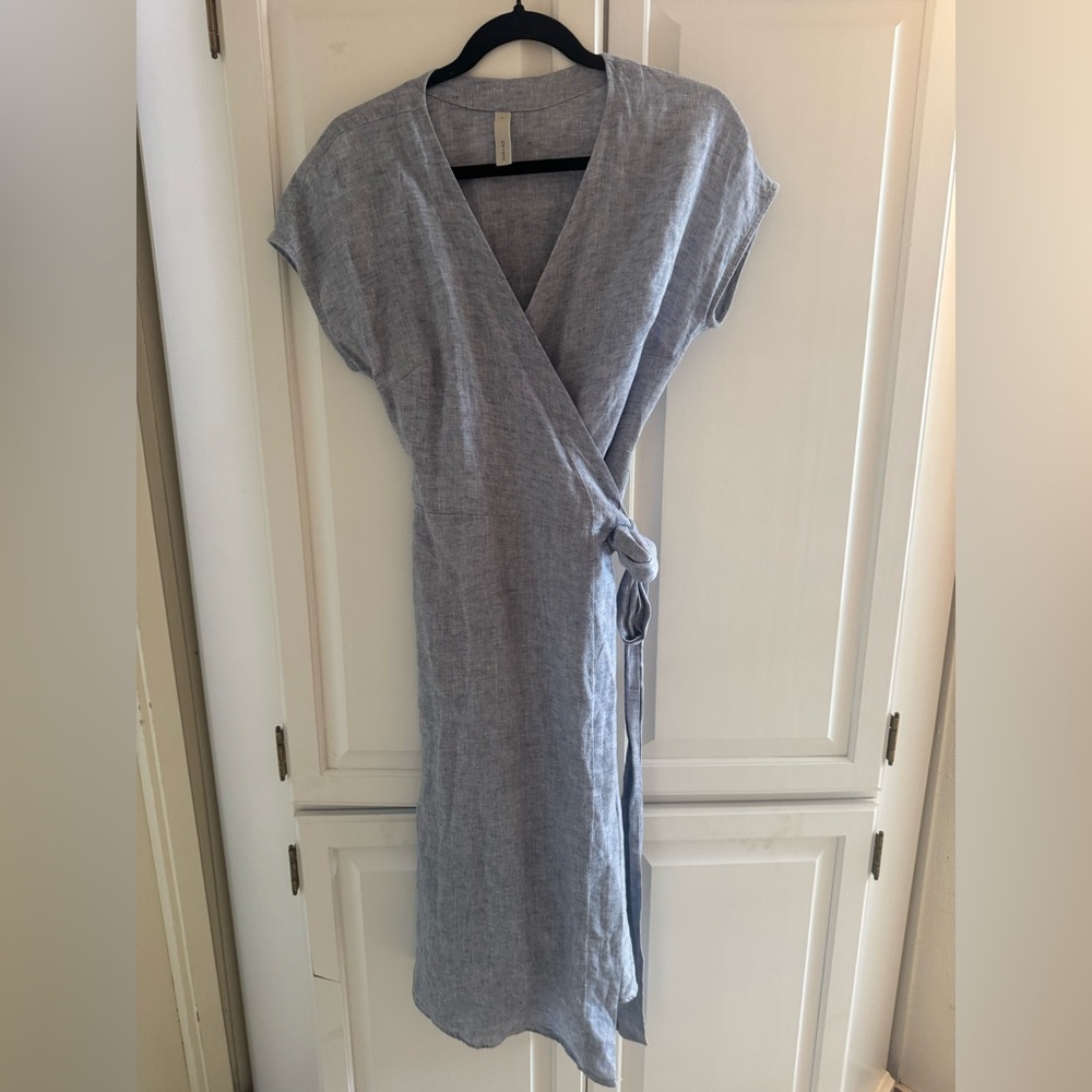 Studio 412  100% linen Wrap Midi Dress in Light Blue